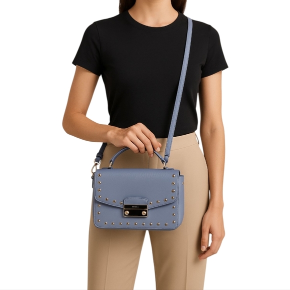 Furla Handbags - Furla Metropolis Studded Leather Flap Crossbody Bag in Periwinkle Blue – Leather